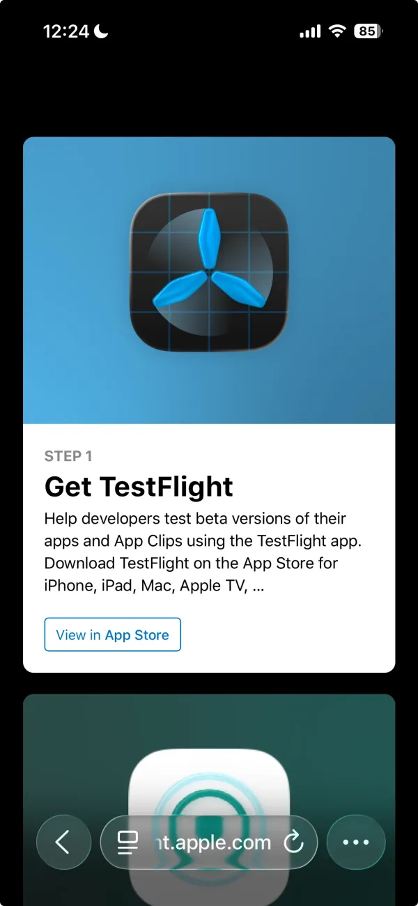 The testflight.apple.com page shown after tapping the link in the beta email.