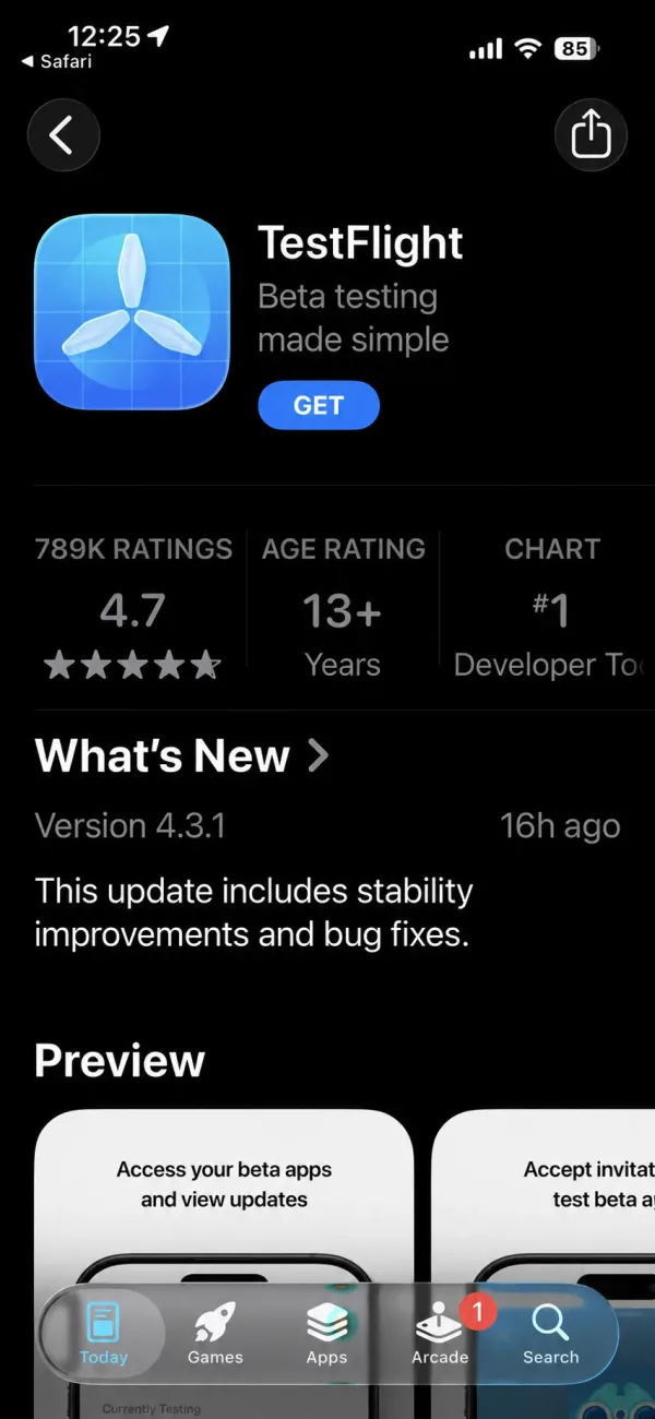 The App Store page for TestFlight, with the Get button.