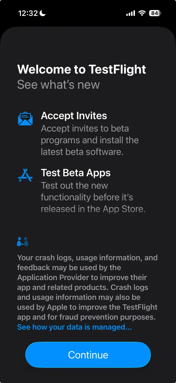 The TestFlight welcome screen with the Continue button.