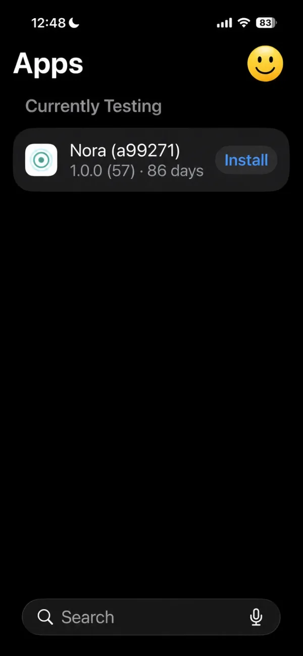 TestFlight showing Nora with the Install button after accepting the invite.