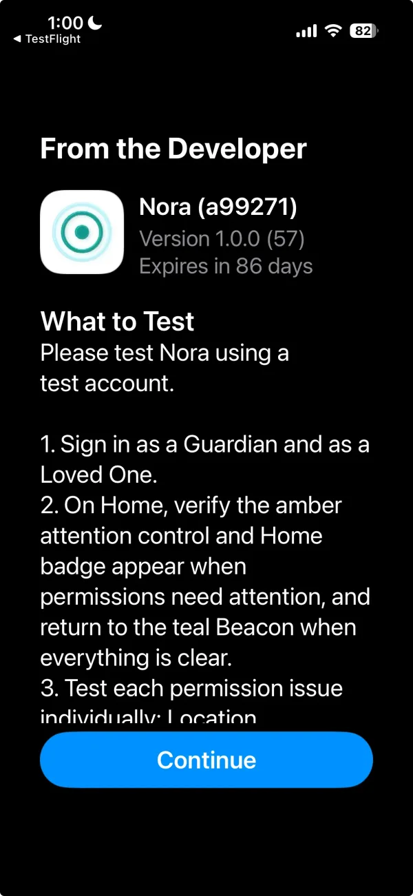 The TestFlight From the Developer screen listing what's new in this build.