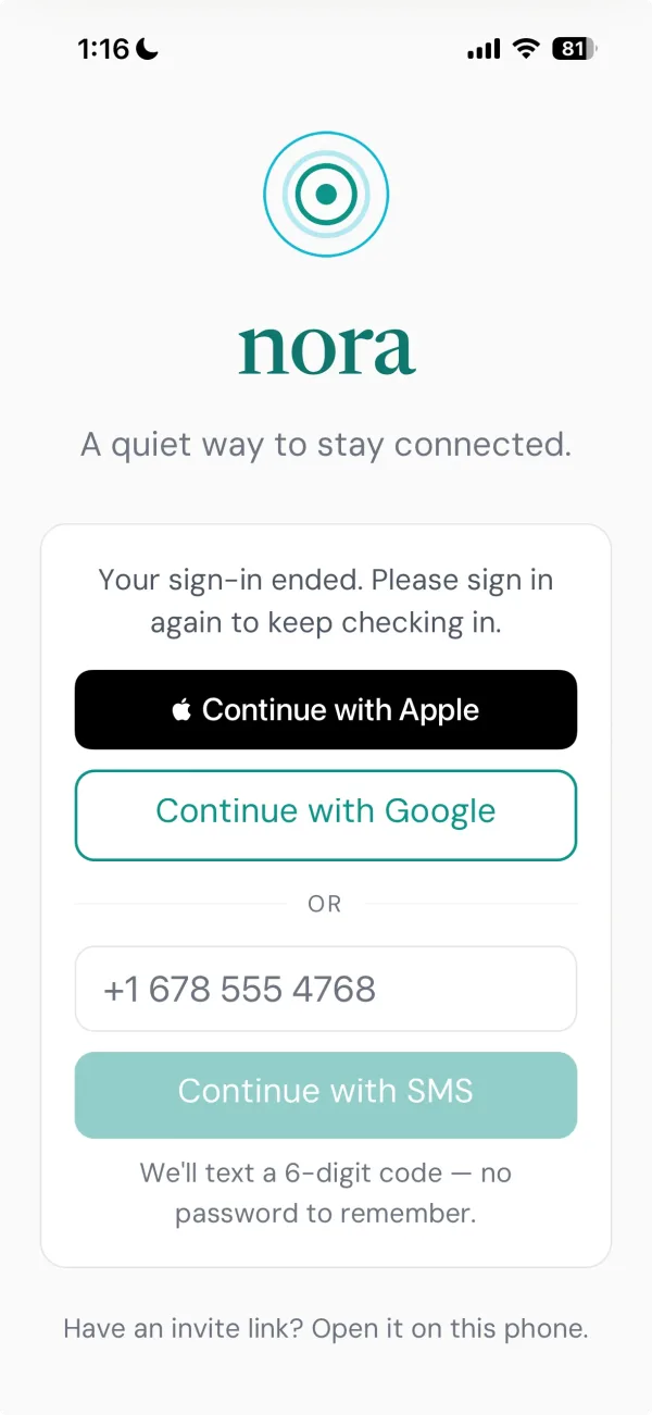 Nora's sign-in screen with a phone number field and Apple and Google buttons.