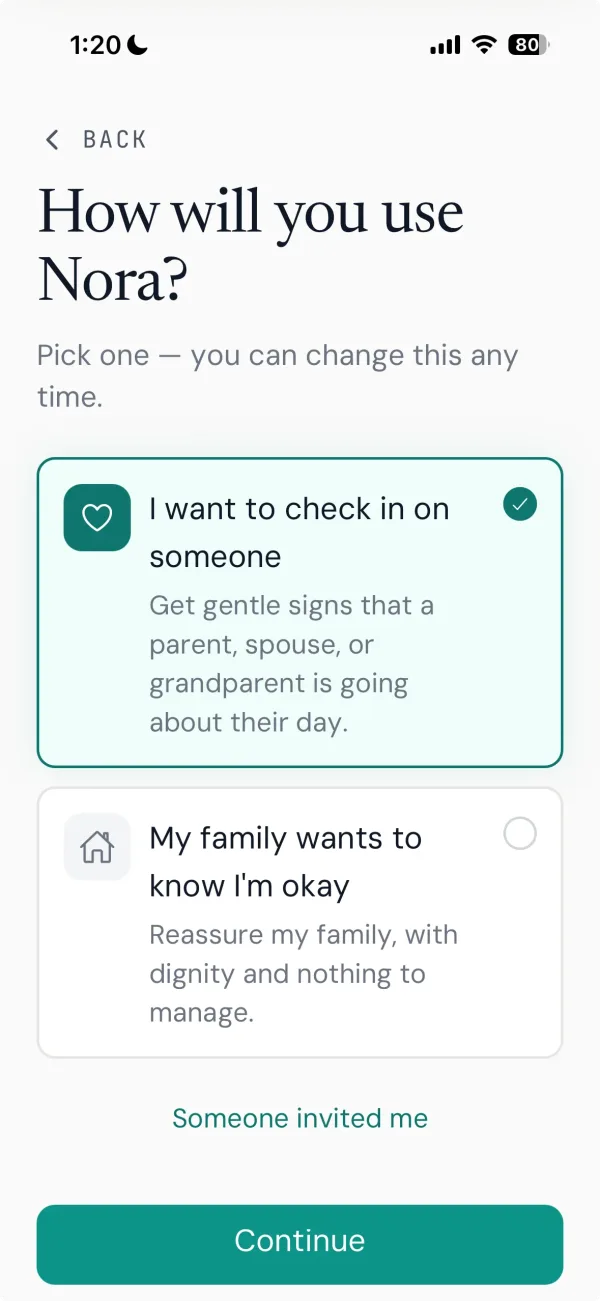 Nora asking whether you want to check in on someone or let family know you're okay.