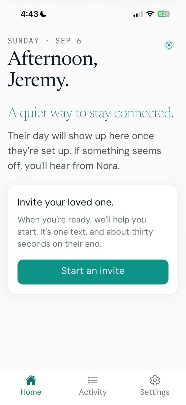 The Nora dashboard before anyone has been invited, showing the Start an invite button.