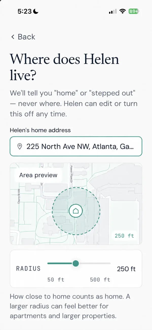 The invite screen asking for their home address and the radius that counts as home.