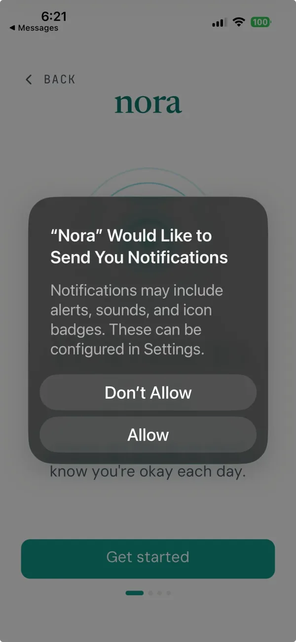 Nora's Get started screen with the notification prompt on top.
