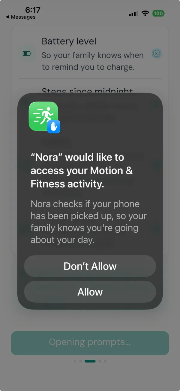 The iPhone prompt asking to allow motion and fitness activity.