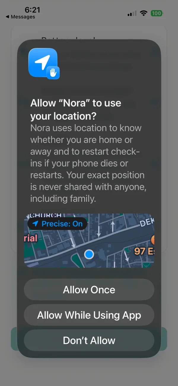 The first location prompt, with Allow While Using App.