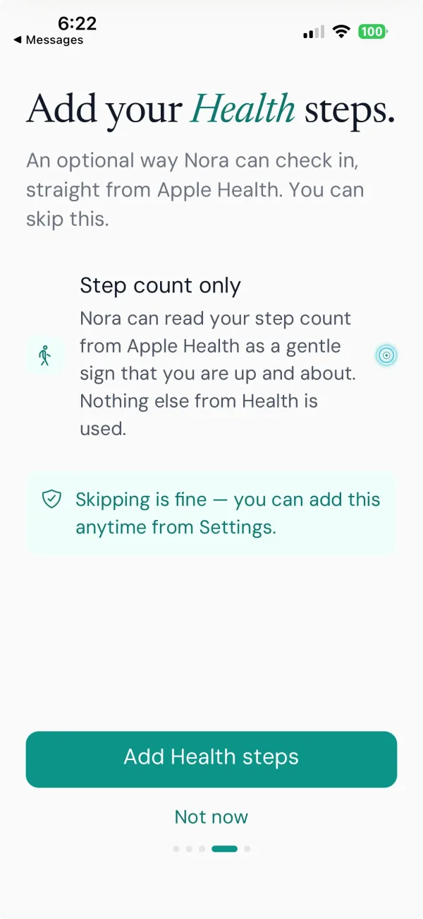 Nora's Add your Health steps screen with the Add Health steps button.