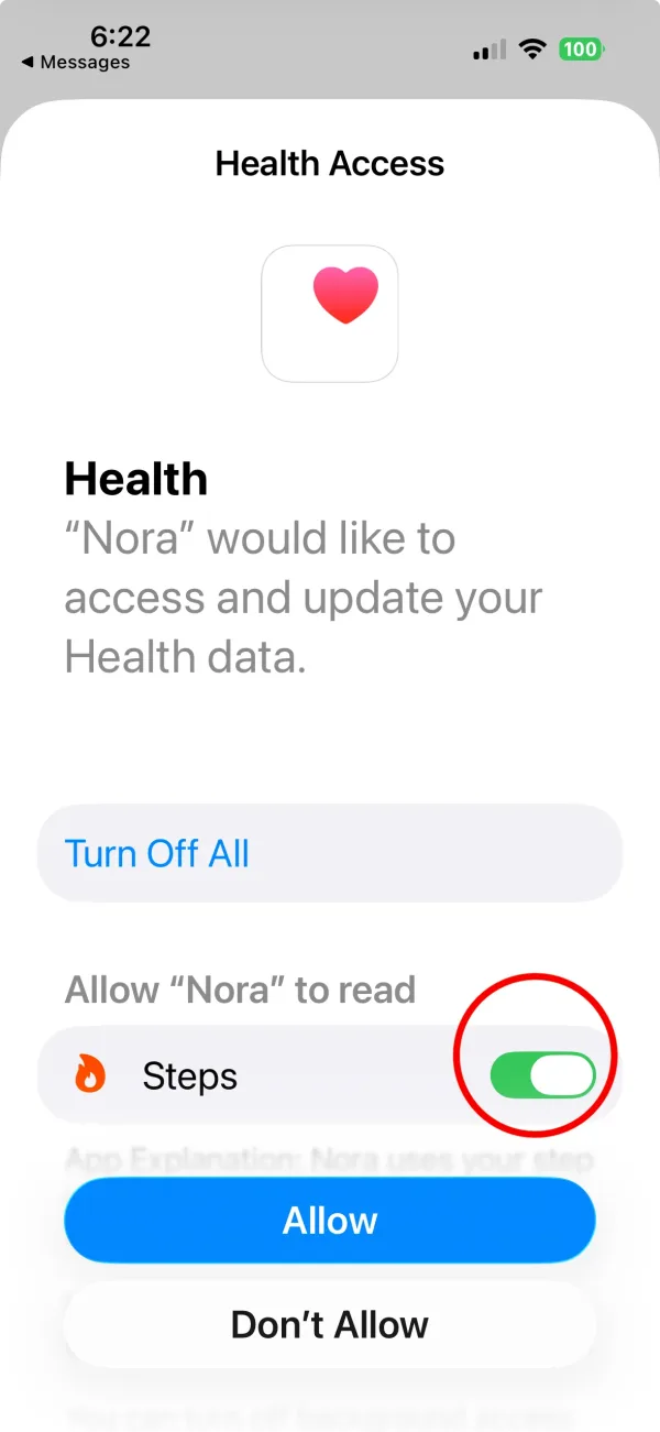 The Health access sheet with the Steps toggle turned on and the Allow button.