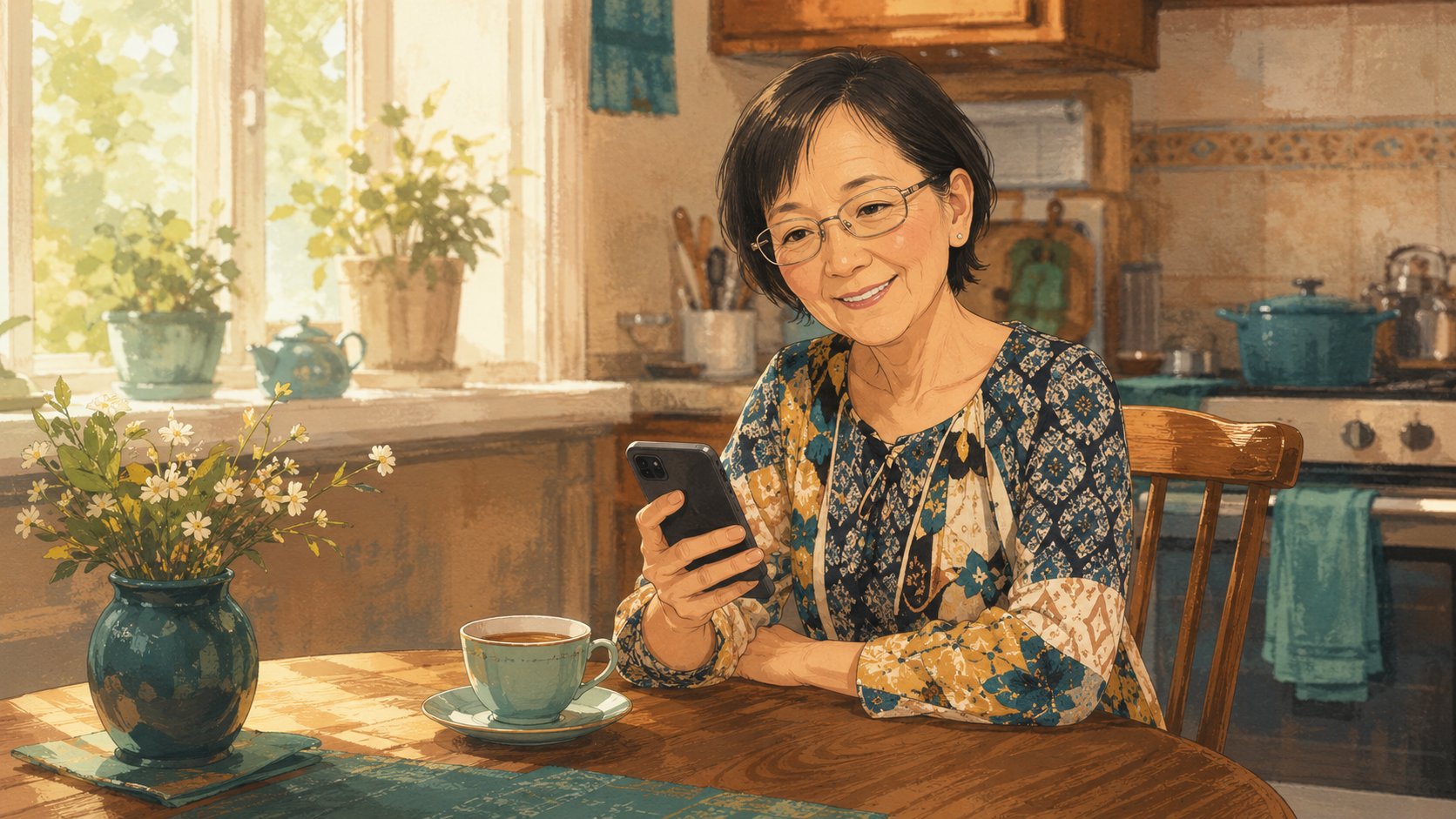 Helen at the kitchen table with her tea, phone just off the charger
