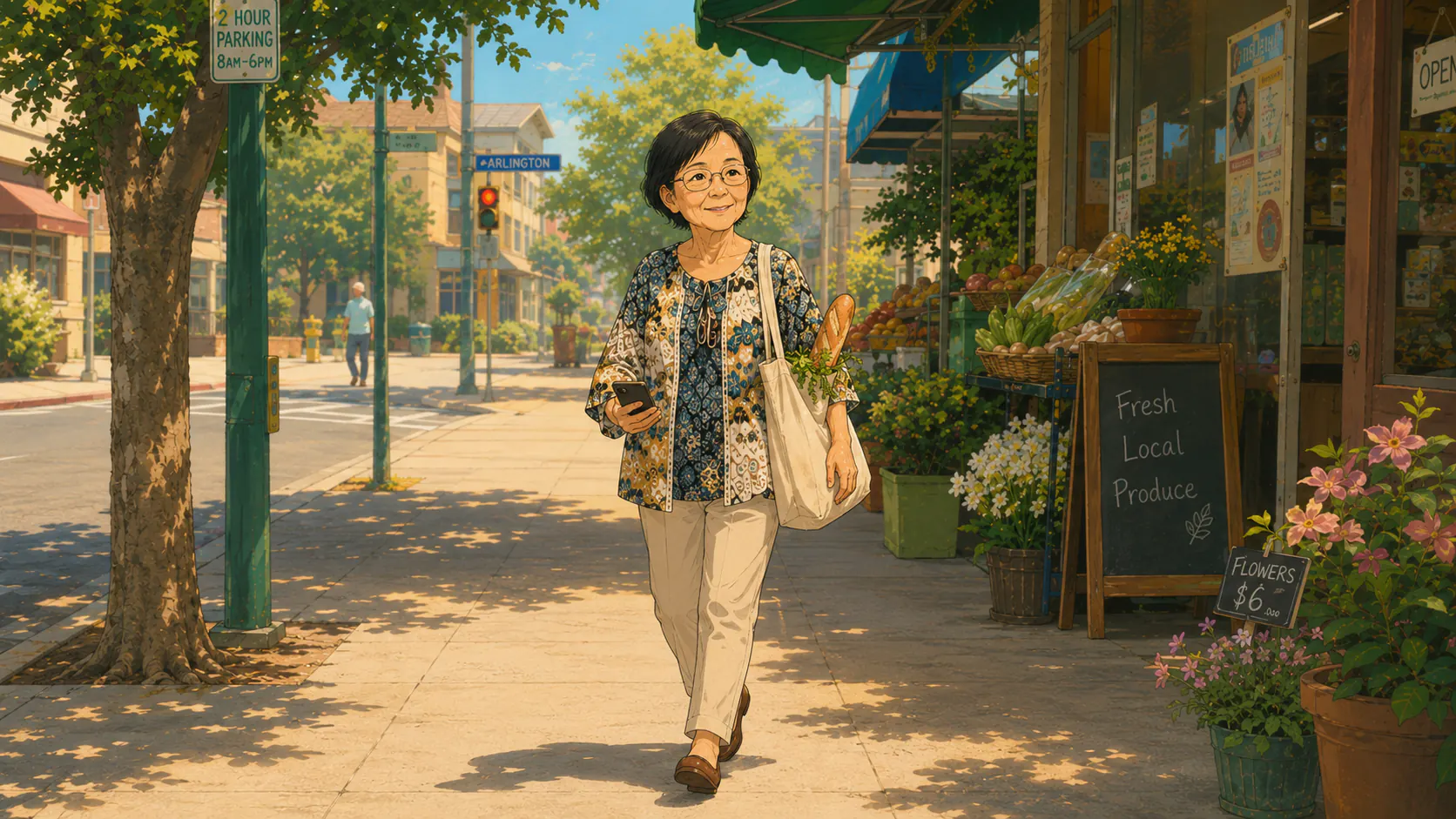 Helen walking home from an afternoon errand carrying groceries past a neighborhood produce shop