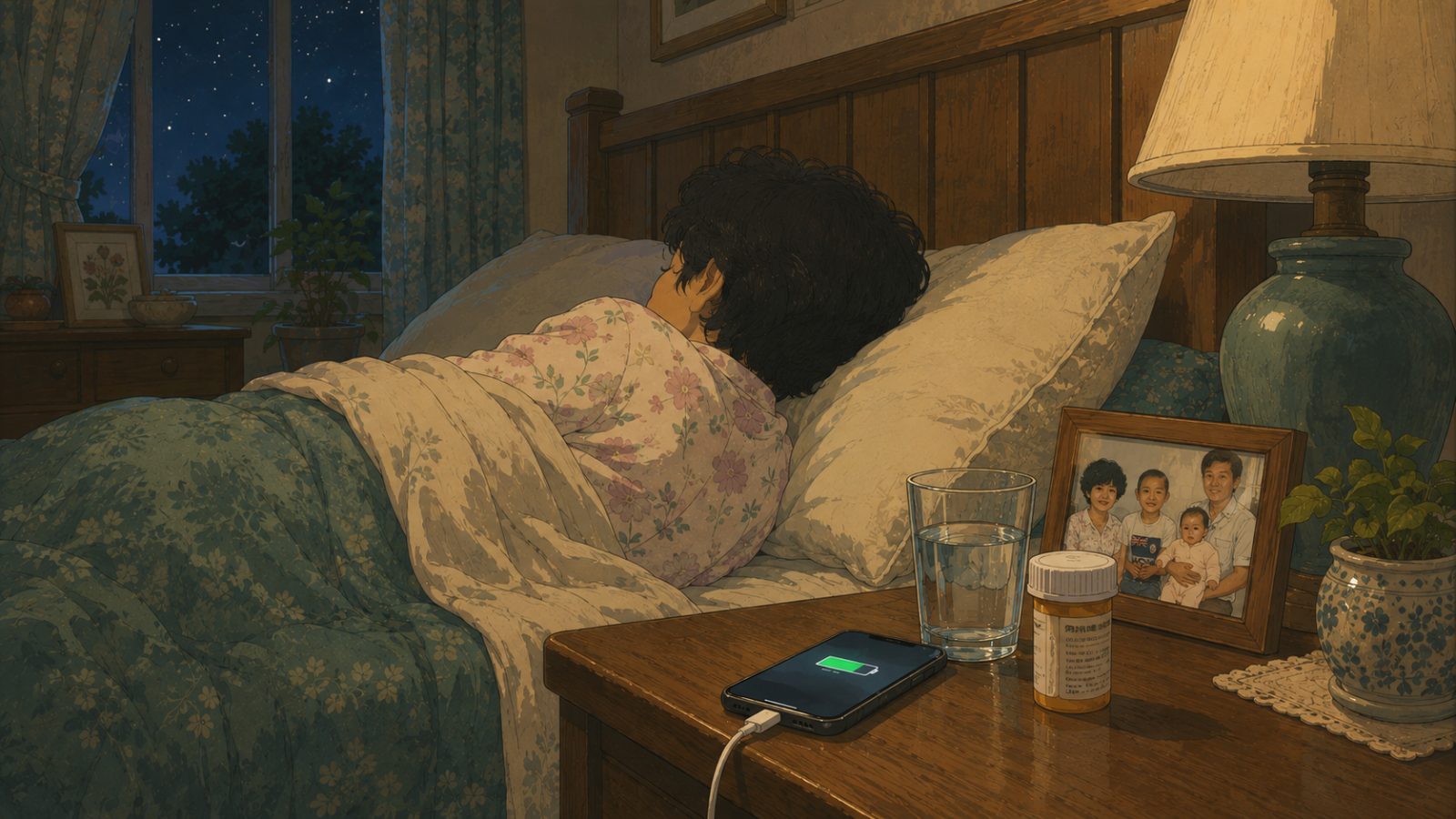 Helen asleep, her phone back on the nightstand charger in lamplight