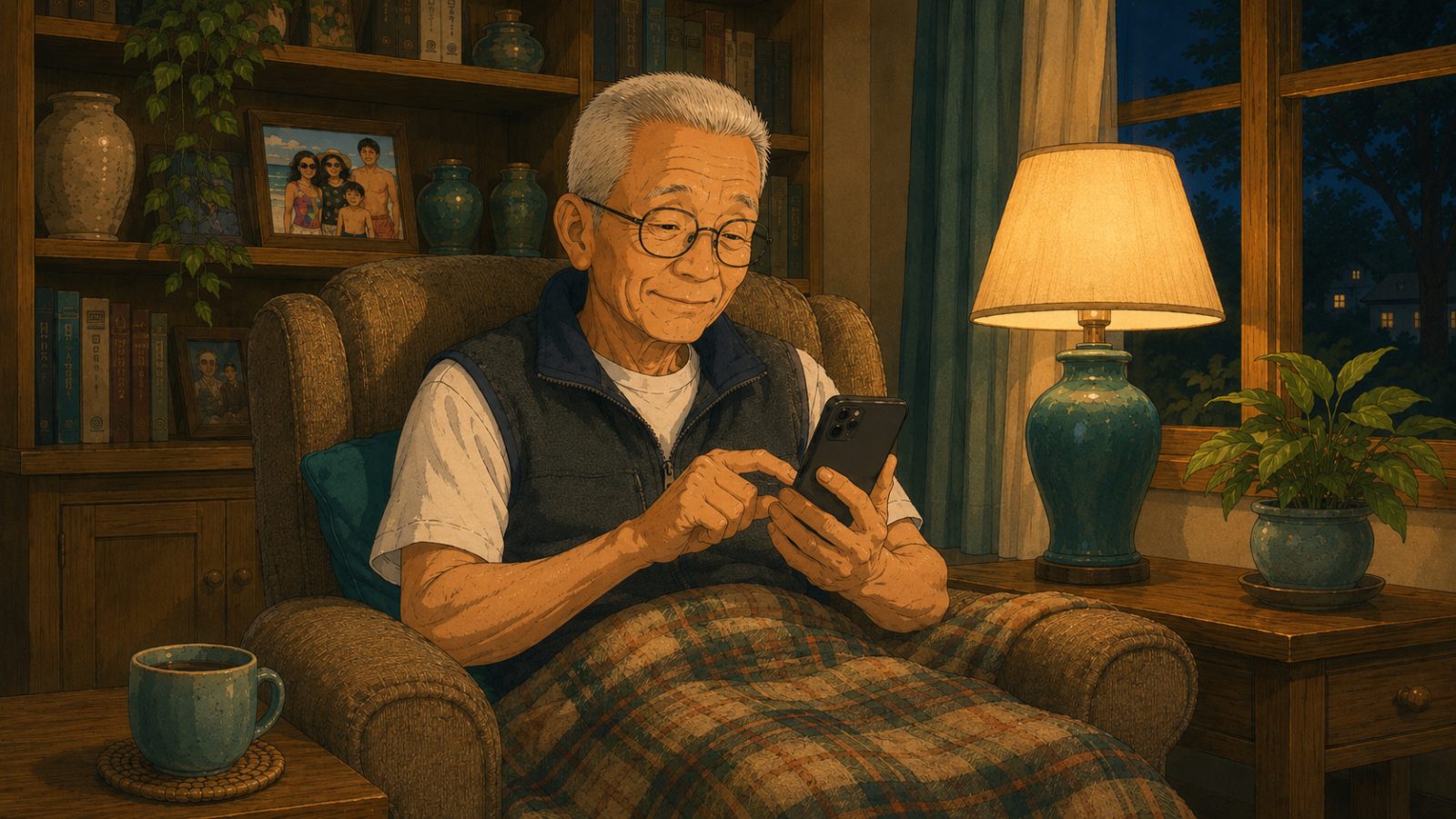 A loved one settled in his armchair, phone in hand, lamplight on