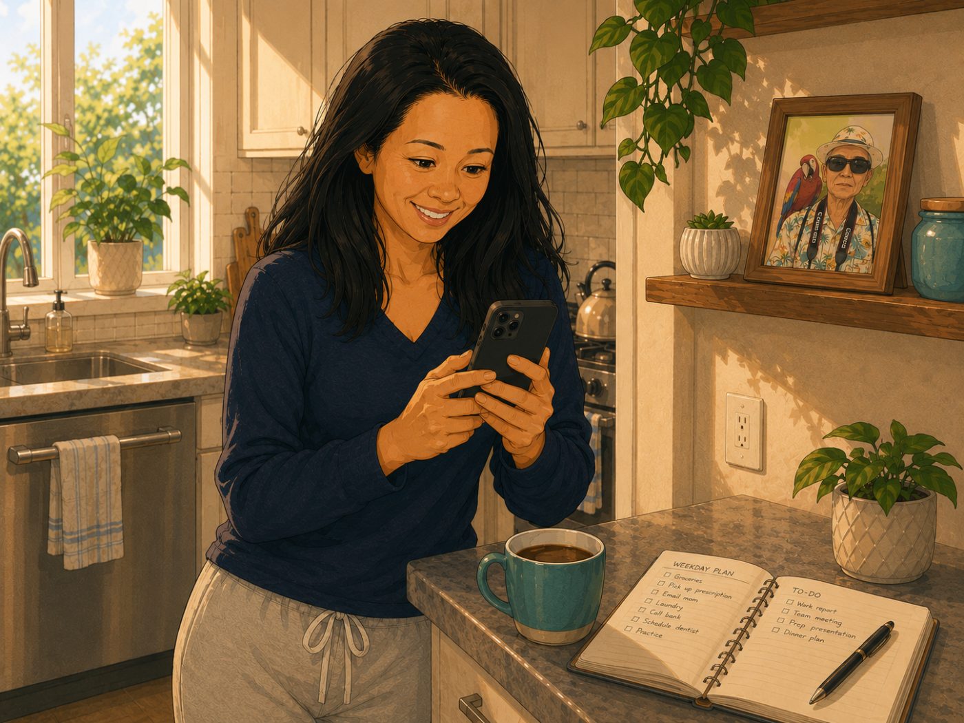 A daughter setting up Nora at her kitchen counter